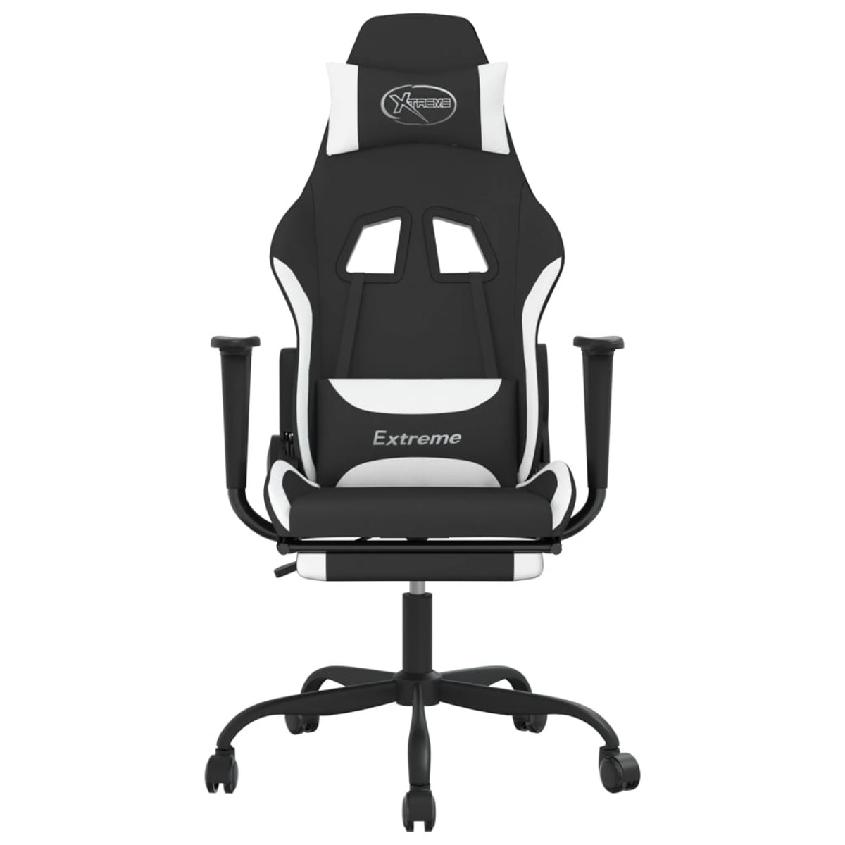 Schwarz-weißer Gaming-Stuhl mit dem Wort "Xtreme" auf Kopfstütze und Rücken.