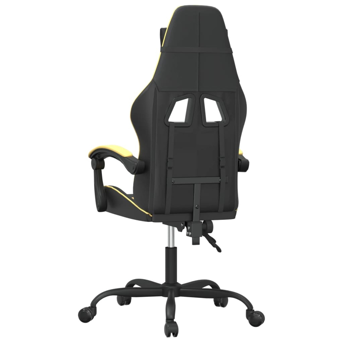 Schwarzer und gelber Gaming-Stuhl, Rückansicht. Schwarze Rückseite mit gelben Akzenten, schwarze Basis mit Rädern.