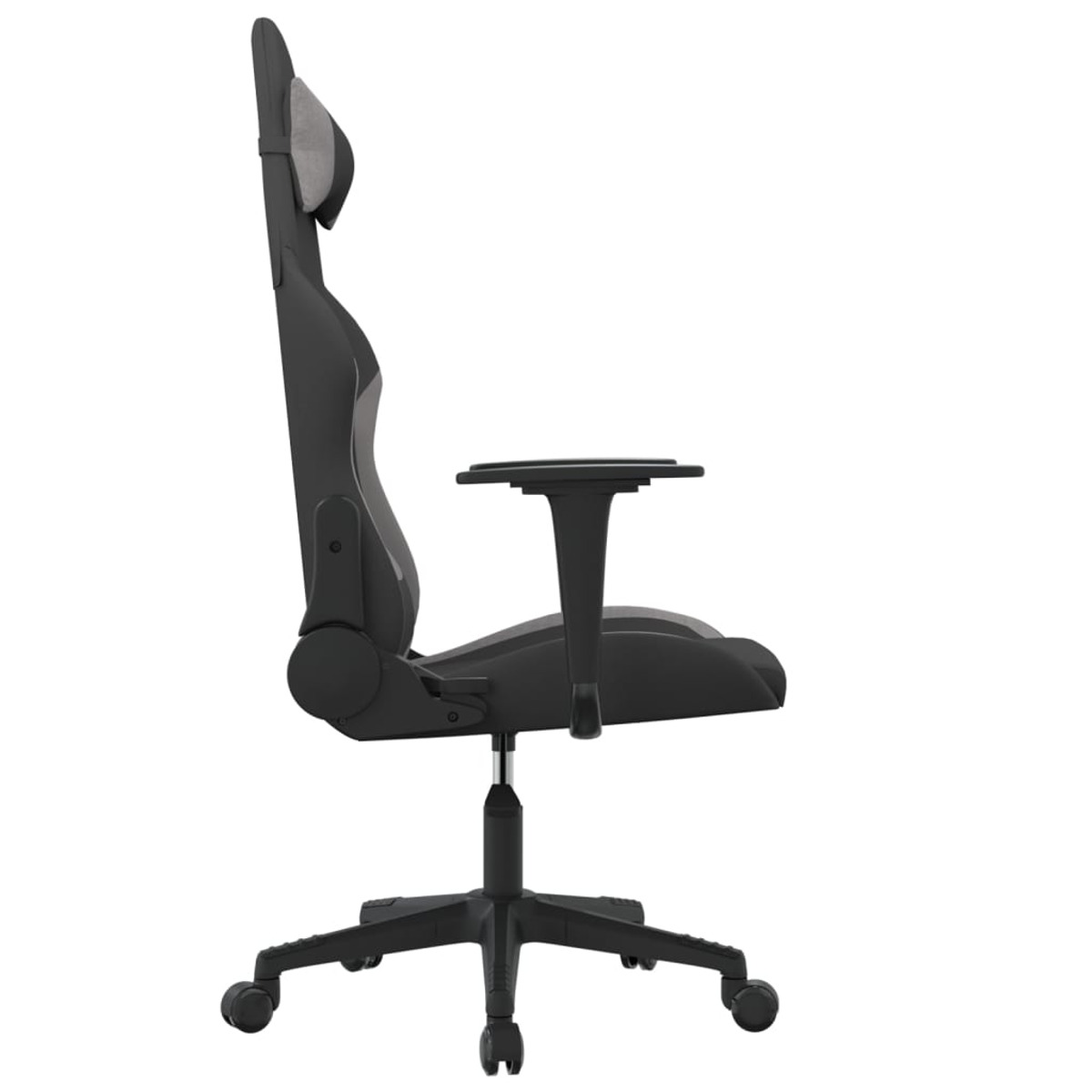 Gaming-Stuhl im Profil, schwarz und grau. Kopfstütze, Armlehne und Sitz sind sichtbar. Schwarze Basis mit Rädern.