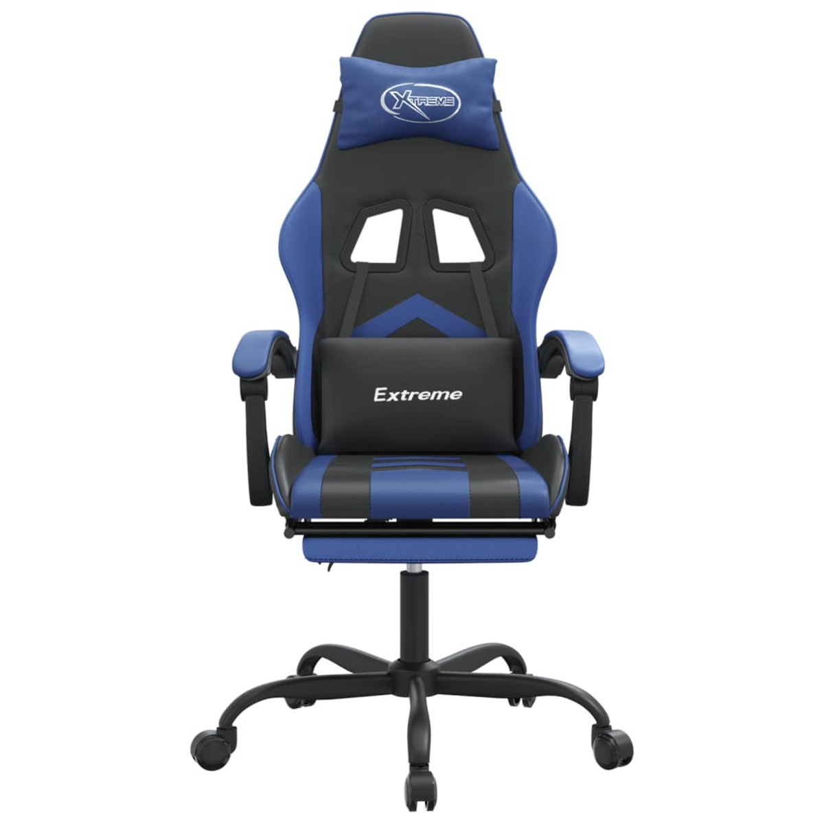 Ein blau-schwarzer Gaming-Stuhl mit Kopfstütze, Lendenwirbelstütze und Beinauflage, vor weißem Hintergrund.