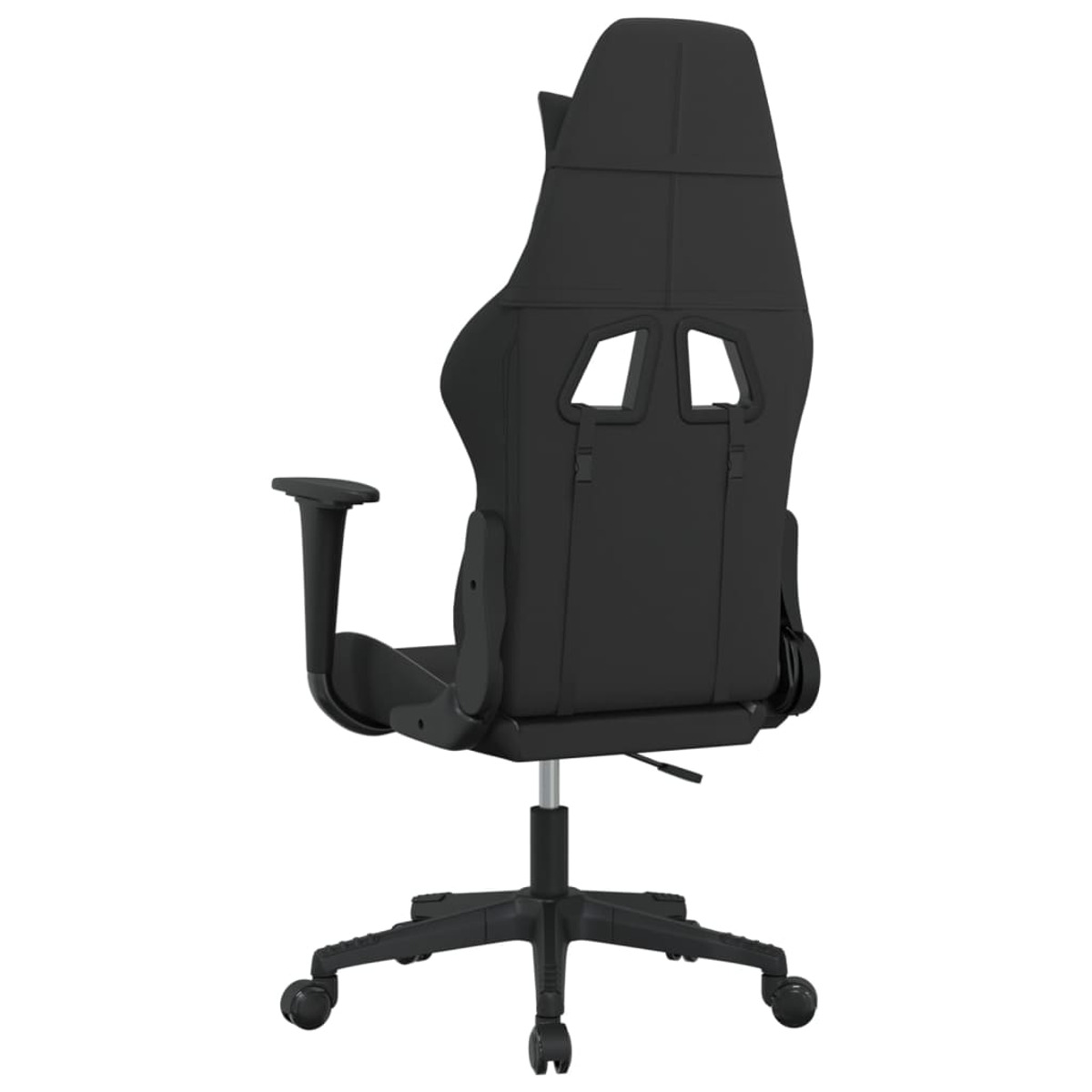 Schwarzer Gaming-Stuhl, Rückansicht. Hoher Rücken, Armlehnen, Fünf-Sterne-Basis mit Rollen. Der Stuhl ist leer.
