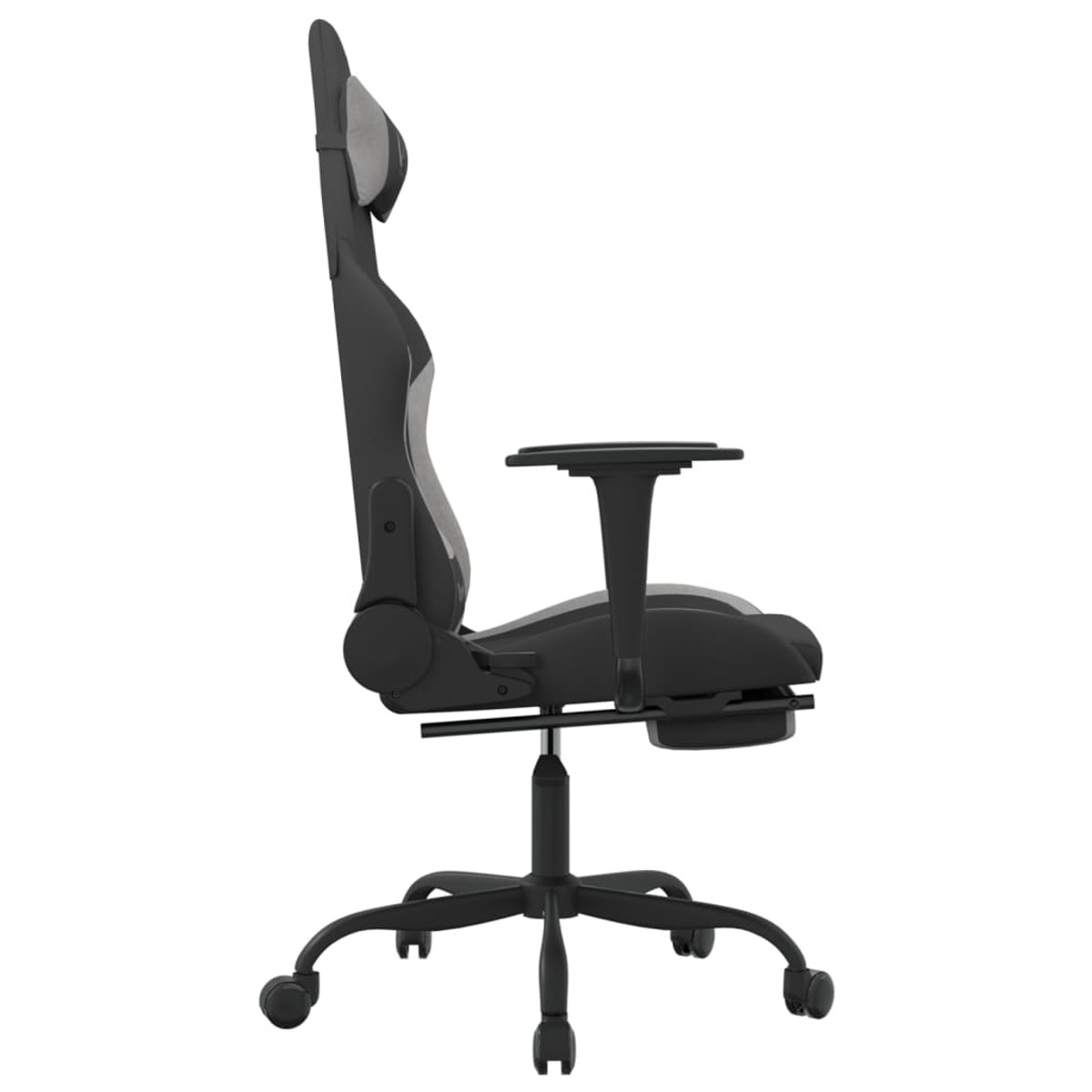 Gaming-Stuhl Profil. Schwarz-grauer Stuhl mit Kopfstütze, Armlehnen und Rädern. Seitenansicht auf weißem Hintergrund.