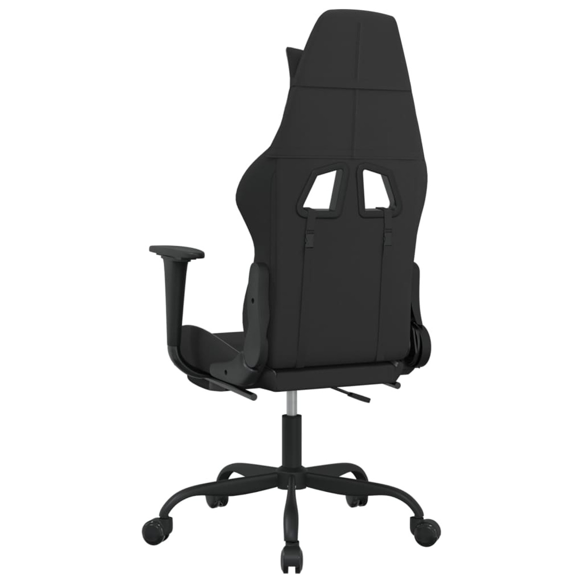 Rückansicht eines schwarzen Gaming-Stuhls mit hohem Rücken und Fünf-Sterne-Basis.