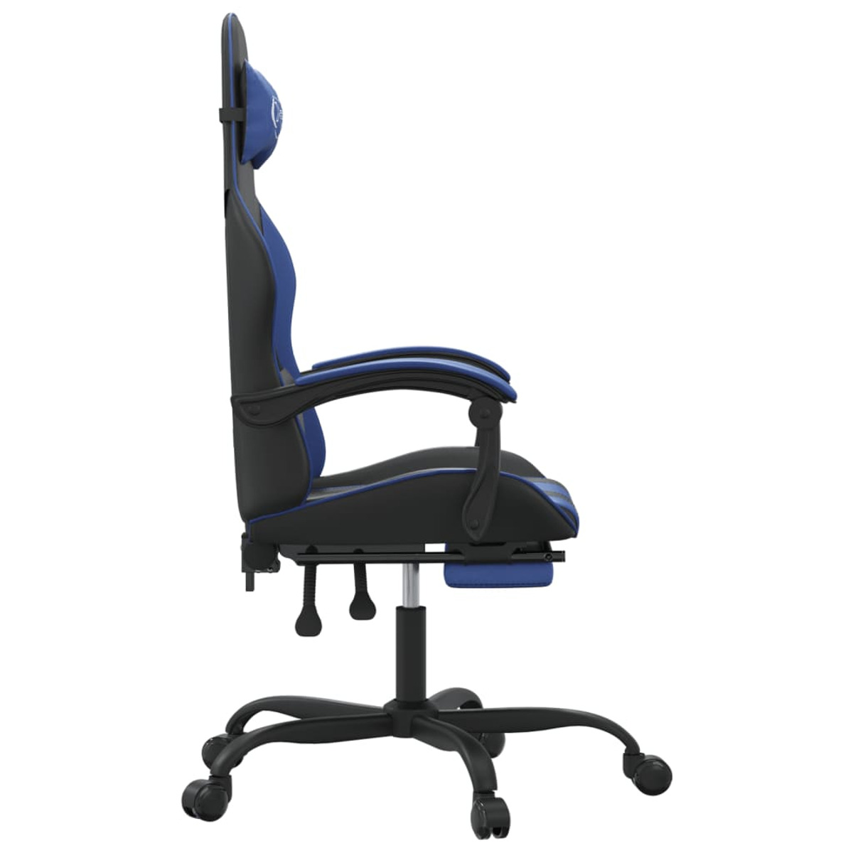 Seitenansicht eines blau-schwarzen Gaming-Stuhls mit Kopfstütze und Armlehnen.