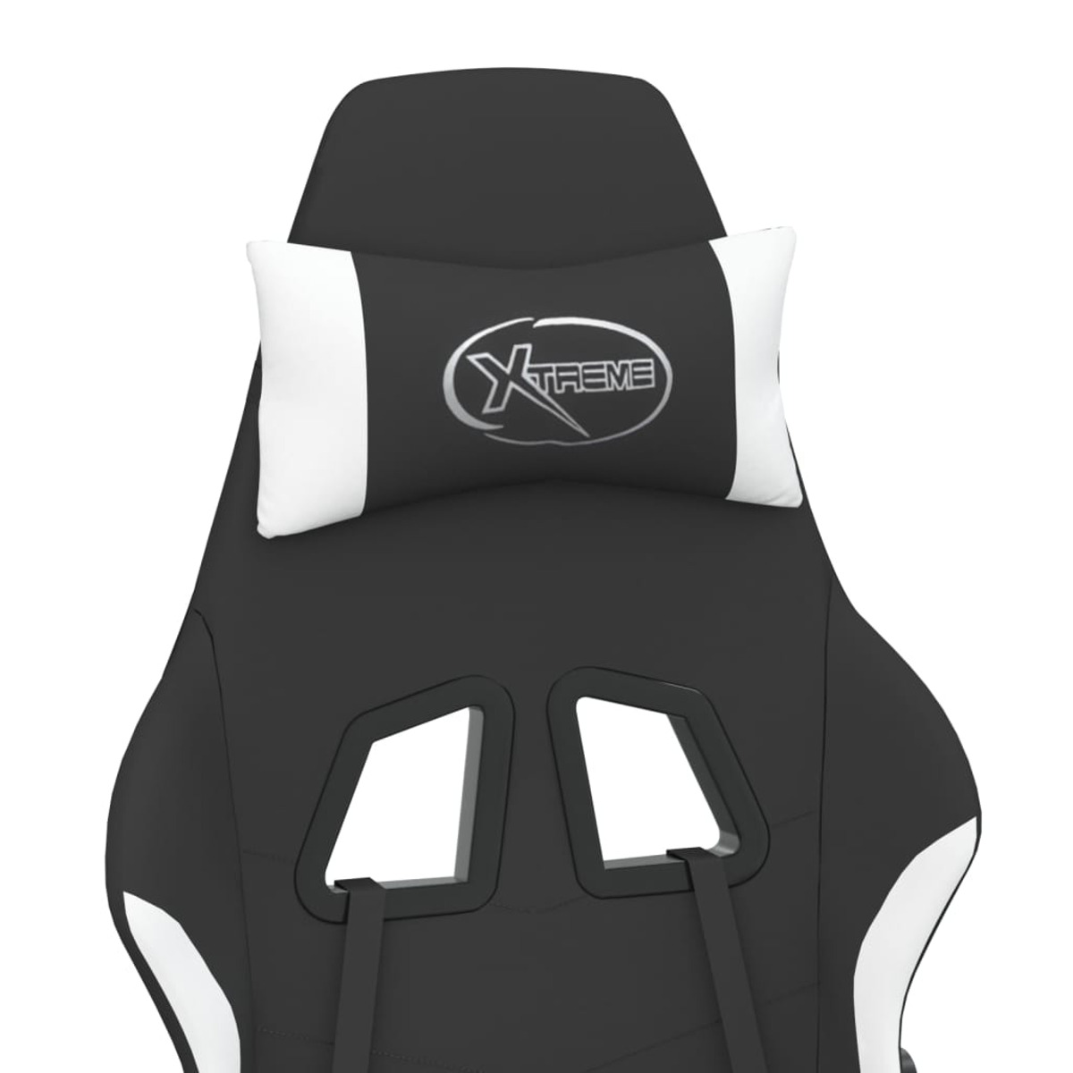 Nahaufnahme der Kopfstütze eines schwarz-weißen Gaming-Stuhls, mit "Xtreme"-Logo.