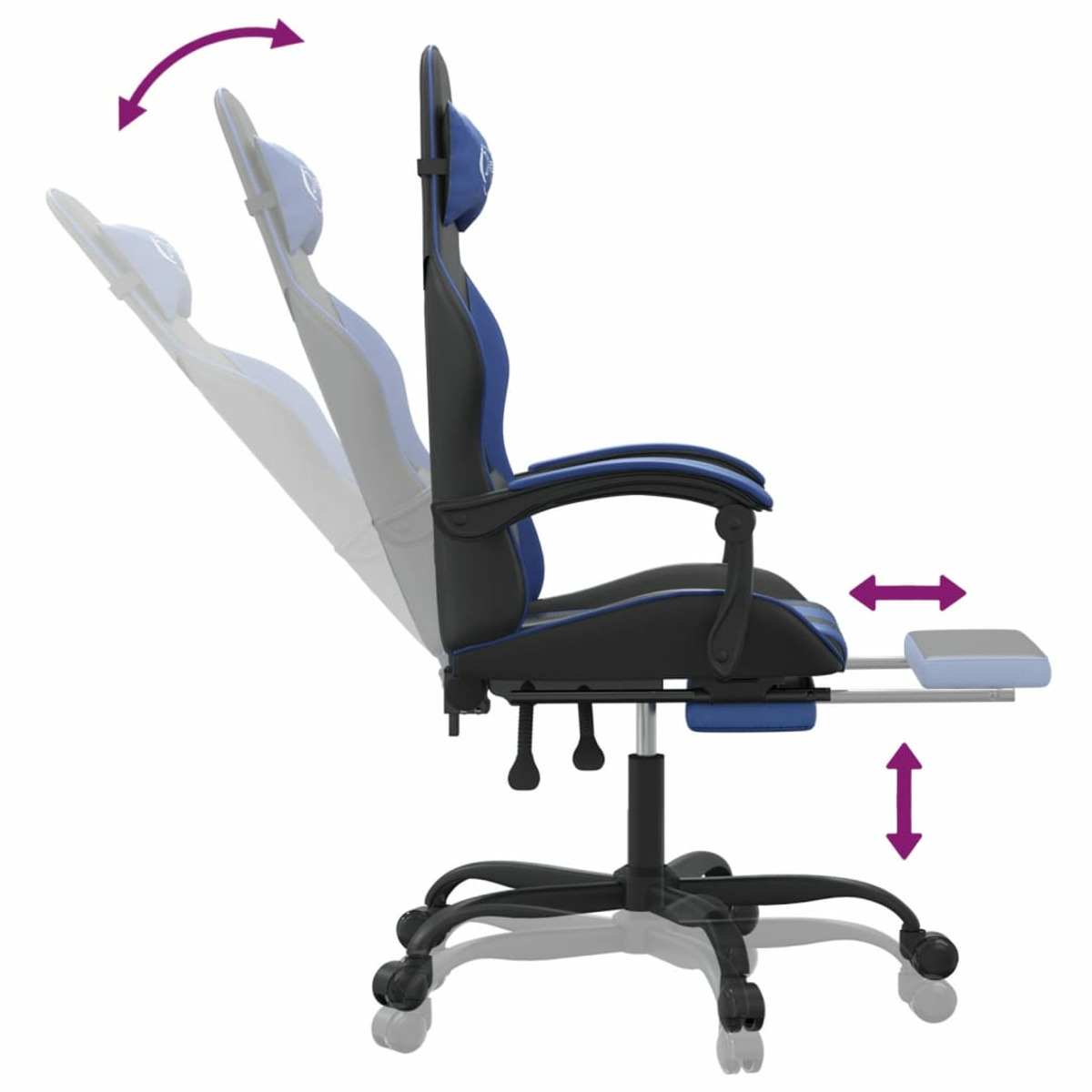 Gaming-Stuhl mit blauen Akzenten, kippbarer Kopfstütze und Fußstütze, weißer Hintergrund.