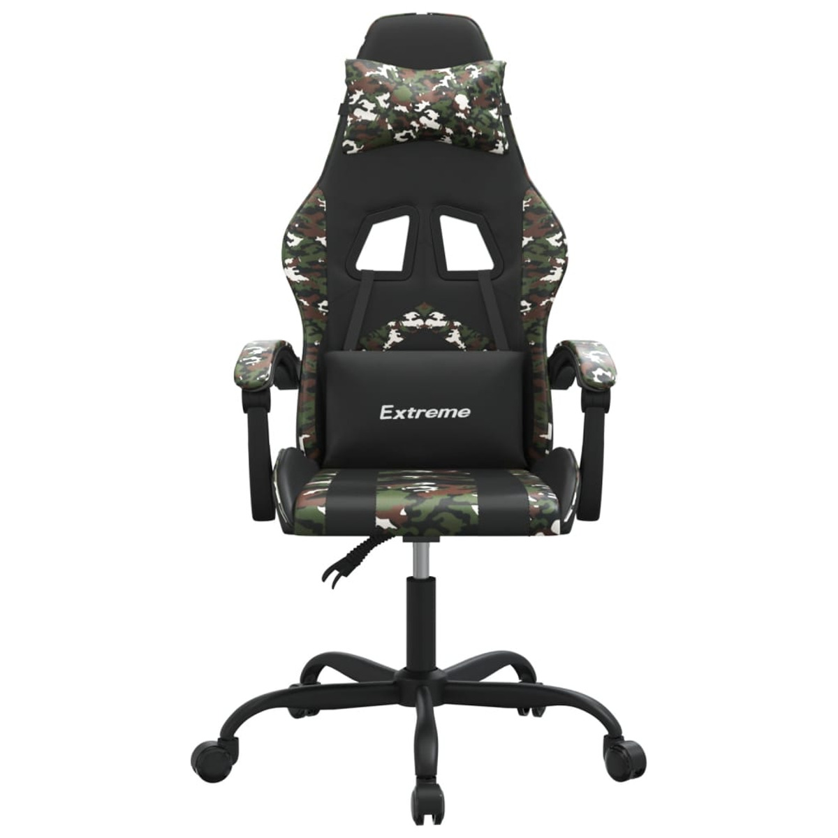 Ein Camouflage-Gaming-Stuhl mit schwarzen Akzenten, von vorne auf weißem Hintergrund betrachtet.