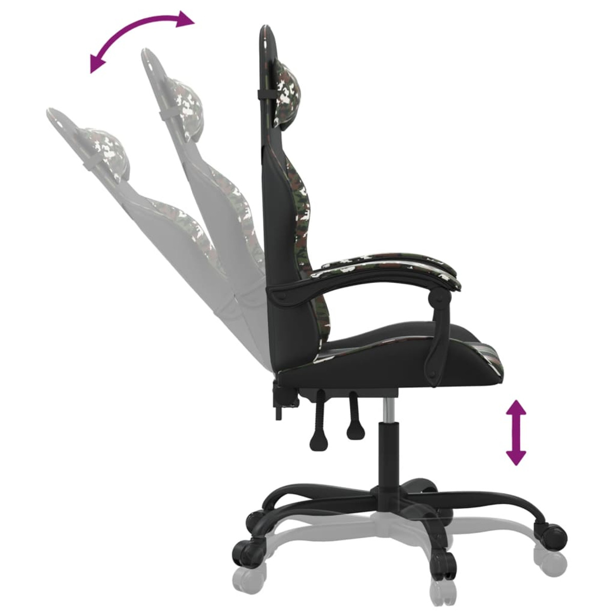 Gaming-Stuhl, schwarz mit Camouflage-Akzenten. Pfeile zeigen Verstellbarkeit von Rücken und Höhe.