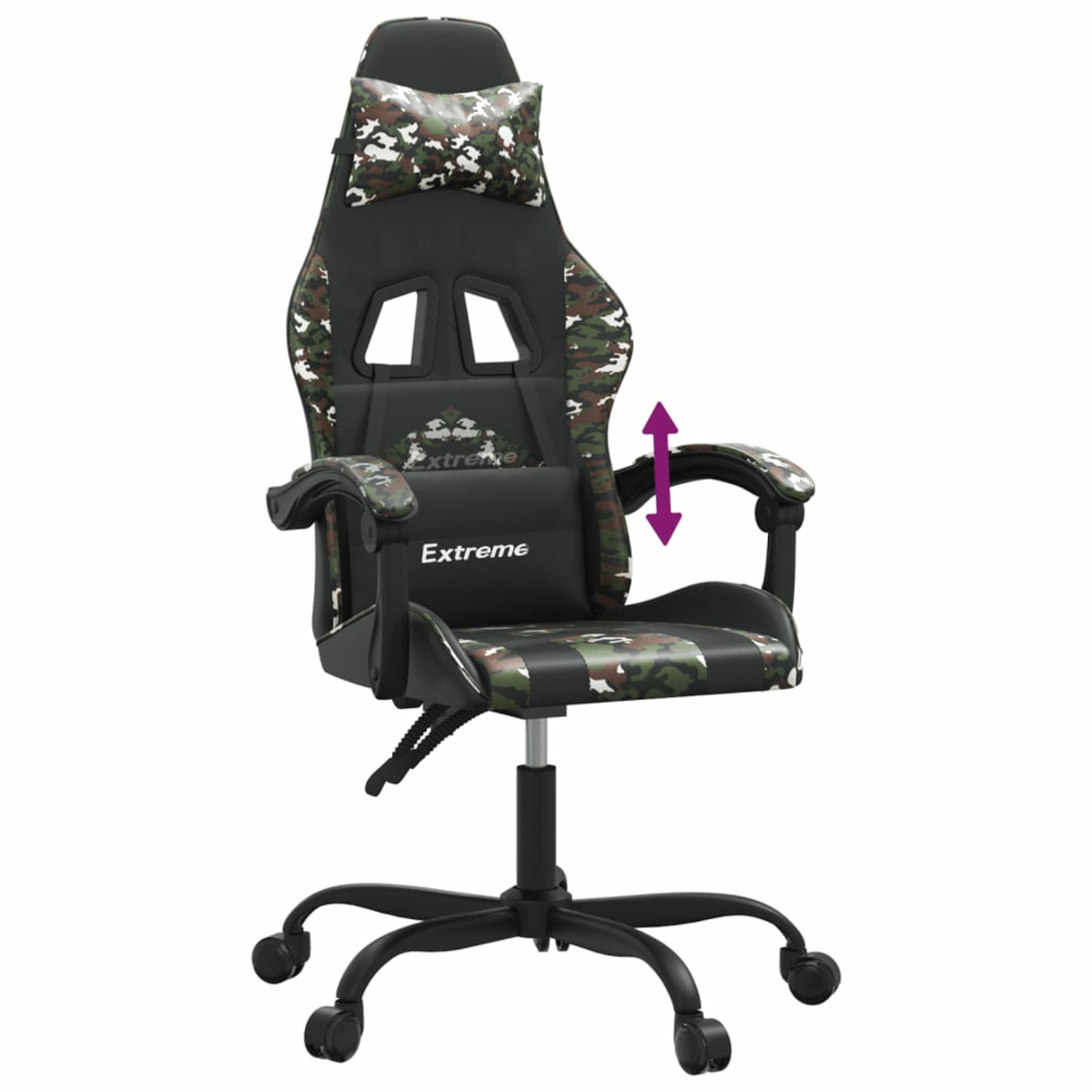 Gaming-Stuhl mit Tarnmuster-Design. Stuhl mit verstellbaren Armlehnen, schwarze Basis.