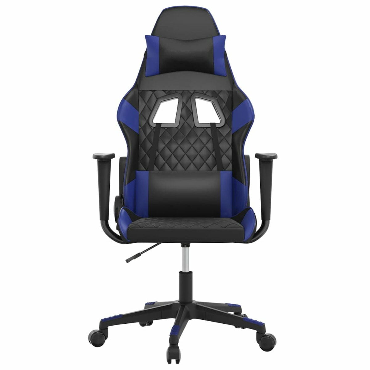 Gaming-Stuhl, schwarz, blau und weiß. Er hat blaue Seiten und eine Kopfstütze.