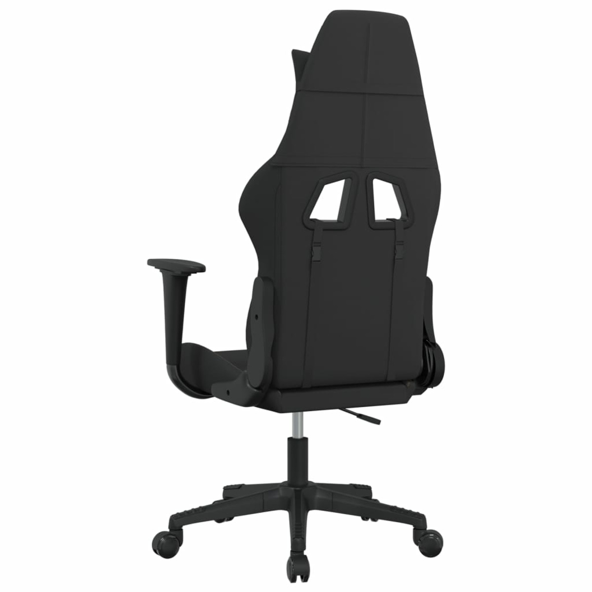 Rückansicht eines schwarzen Gaming-Stuhls. Hoher Rücken, Armlehnen.