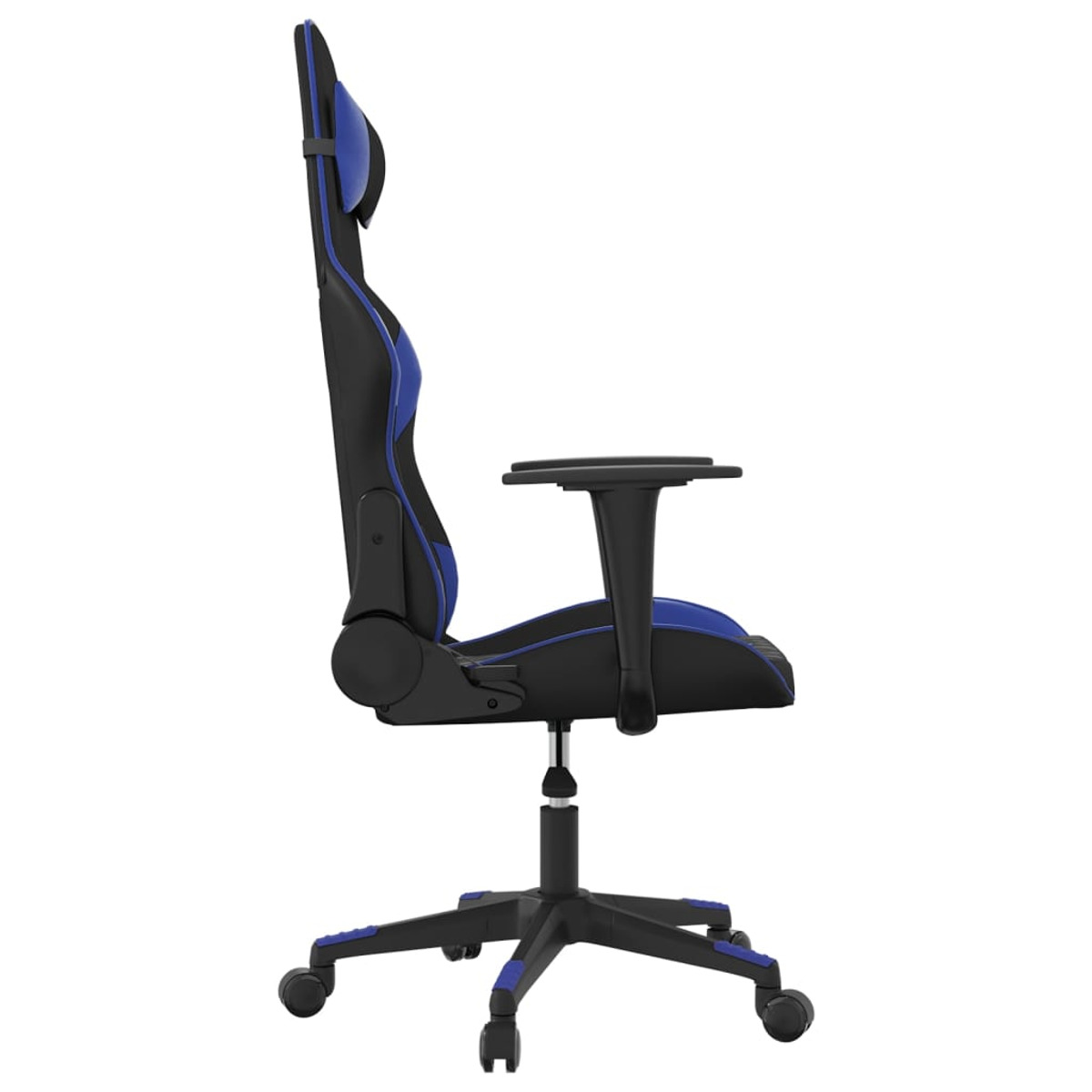 Gaming-Stuhl, schwarz und blau, Seitenansicht, mit Kopfstütze, Armlehnen und Rädern.