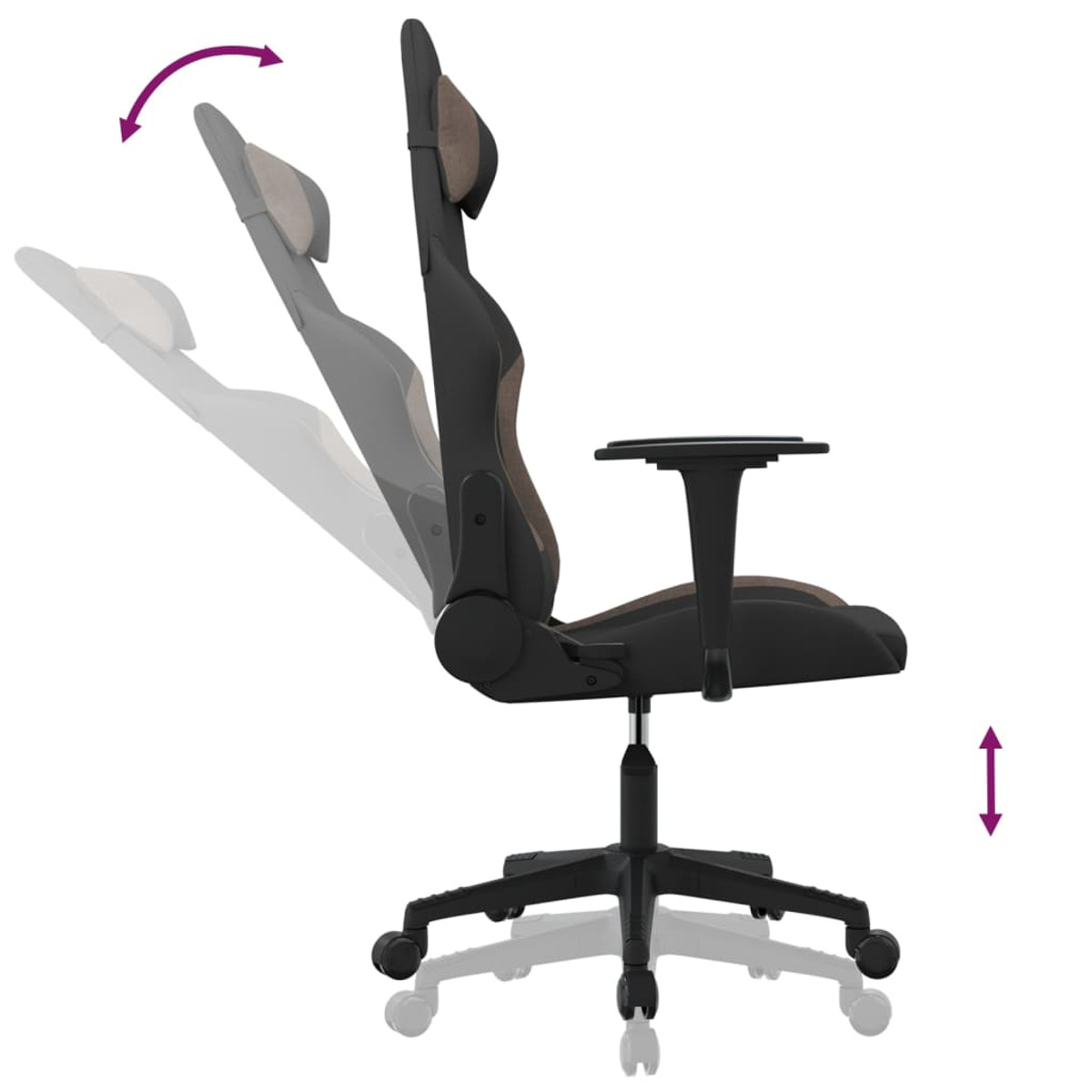 Gaming-Stuhl Seitenansicht. Einstellbare Höhe und Rückenlehnenwinkel. Schwarze Basis, brauner Rücken.