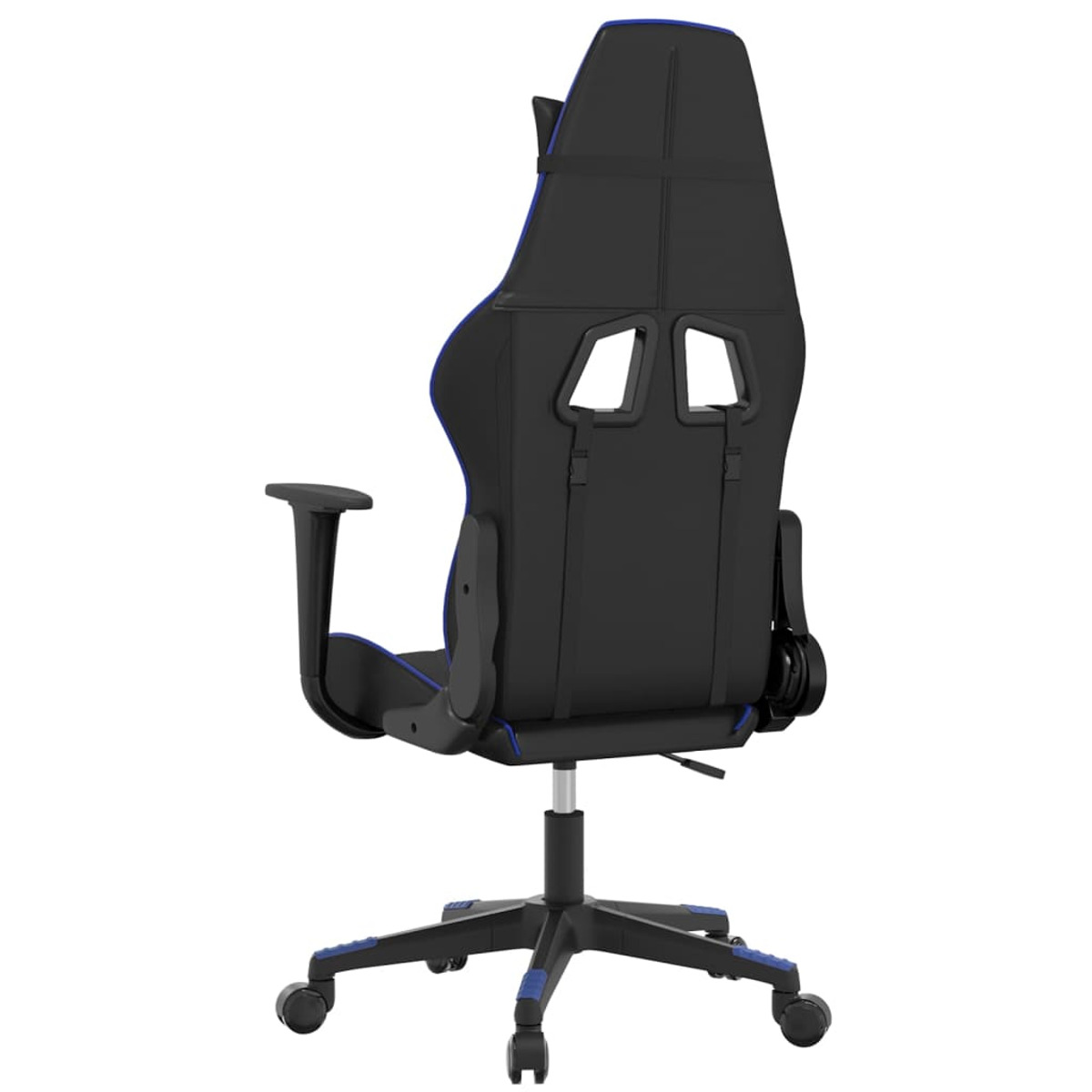 Schwarzer Gaming-Stuhl, Rückansicht, mit blauen Zierleisten, Rollen und Armlehnen. Weißer Hintergrund.