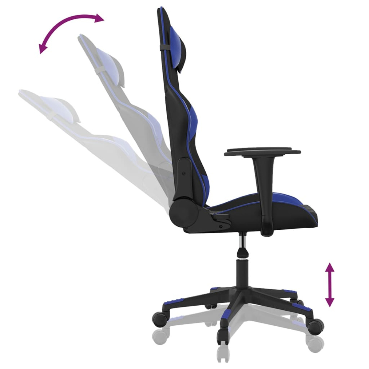 Ein blau-schwarzer Gaming-Stuhl mit verstellbarer Rückenlehne.