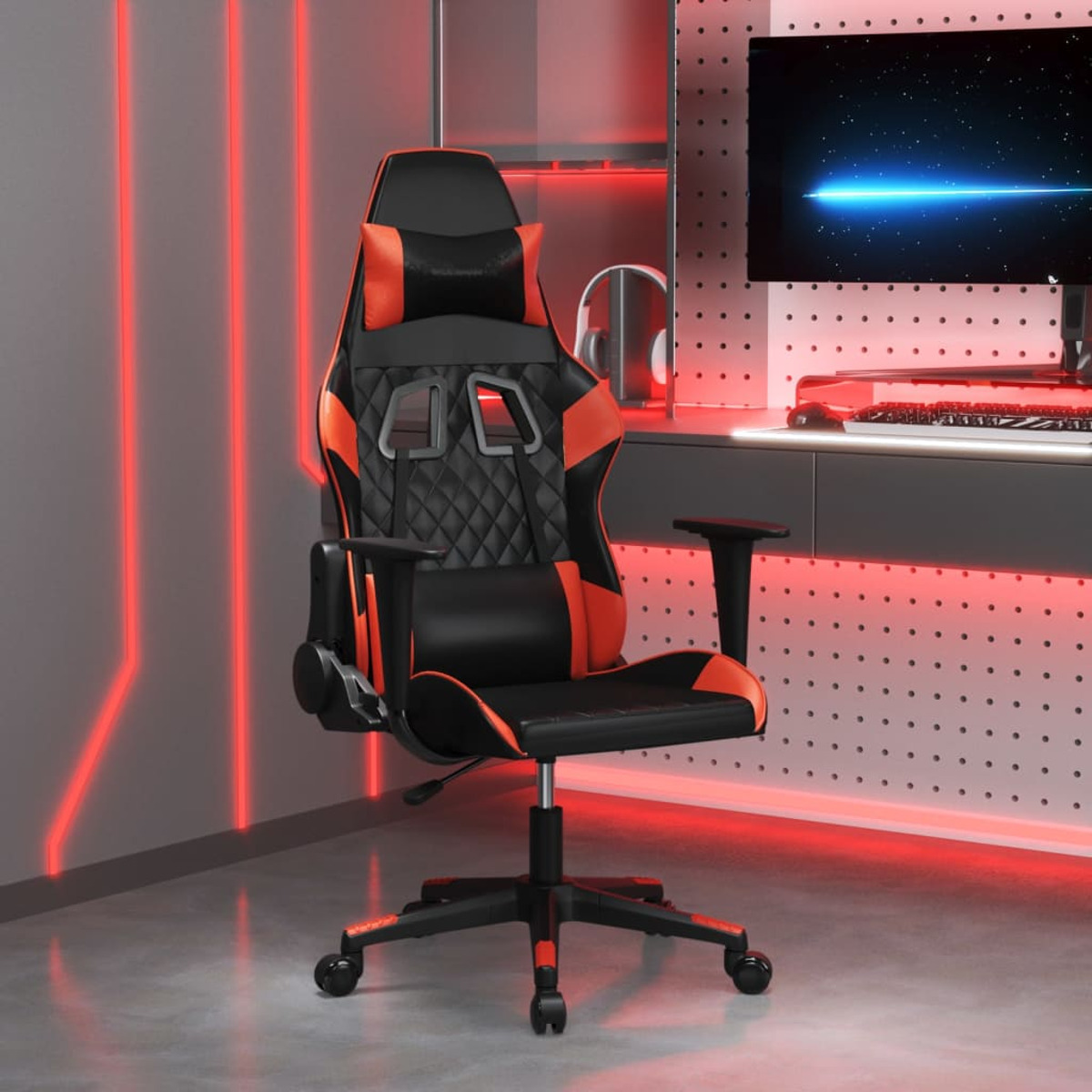 Gaming-Stuhl in dunklem Raum mit roten Neonlichtern, schwarz und orange.