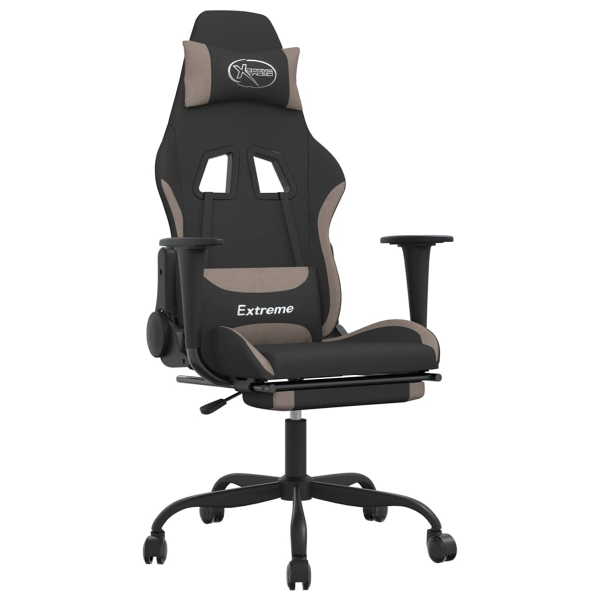 Schwarzer und grauer Gaming-Stuhl mit Kopfstütze, Rückenlehne und Armlehnen, auf weißem Grund.
