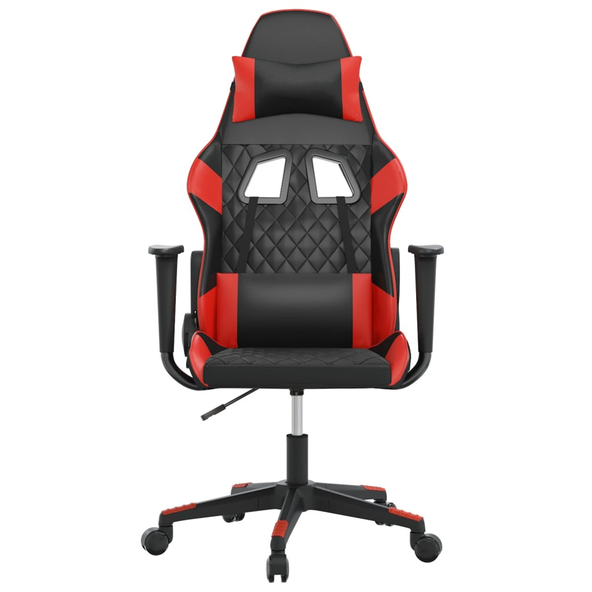 Vorderansicht eines schwarz-roten Gaming-Stuhls mit Diamantsteppung, Kopfstütze und Armlehnen.