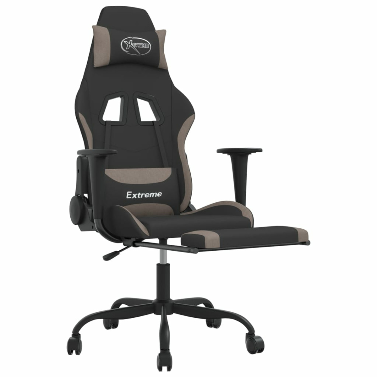 Schwarzer und beiger Gaming-Stuhl mit Fußstütze und Kopfstütze, auf weißem Hintergrund, mit Logo.