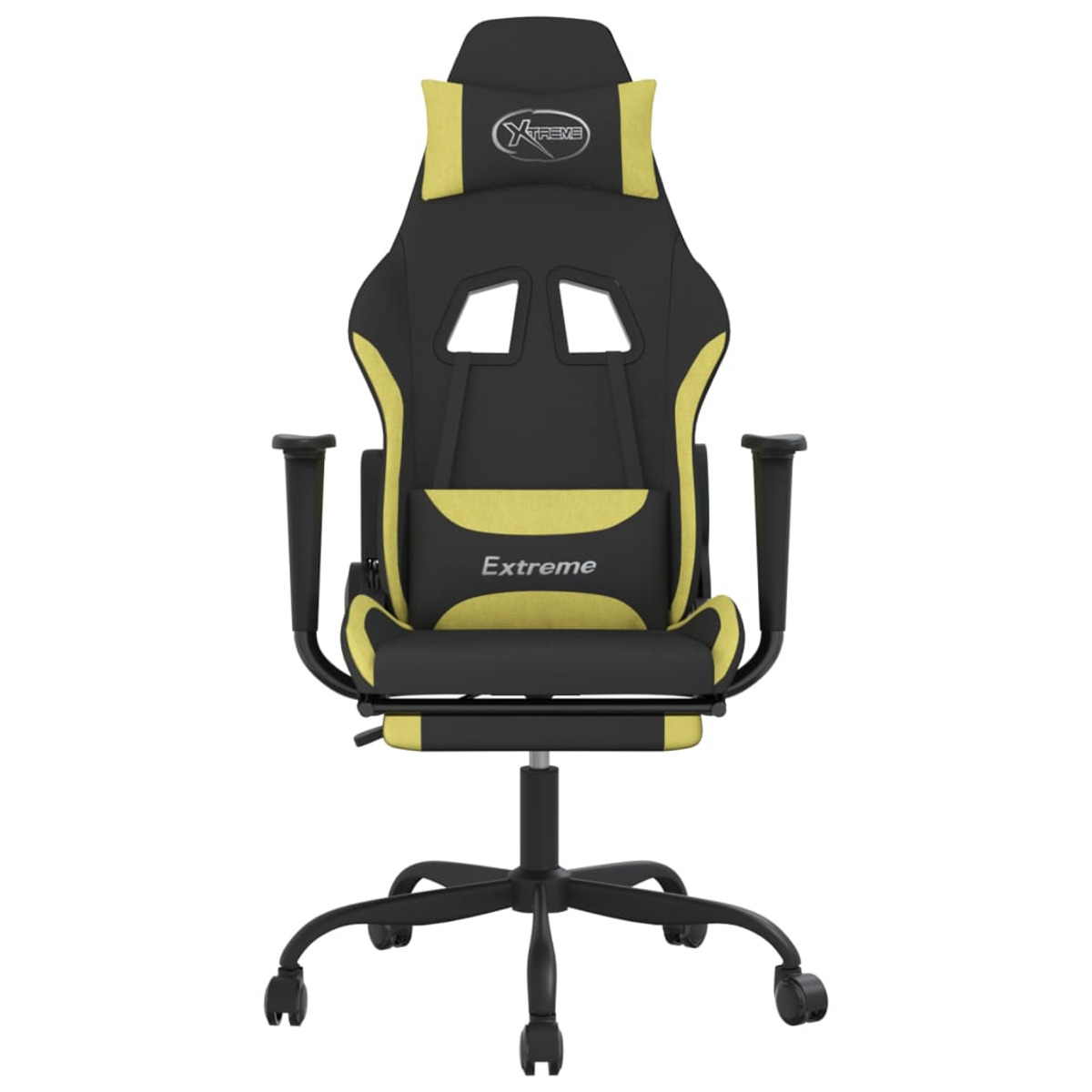 Schwarz-gelber Gaming-Stuhl mit Extreme-Logo. Schwarze Basis und Armlehnen. Weißer Hintergrund.