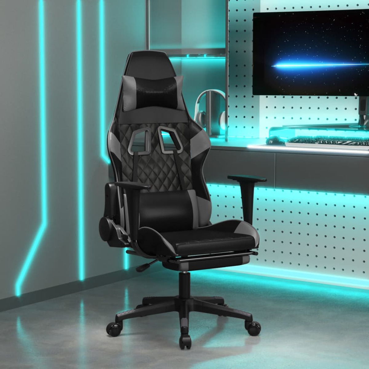 Ein schwarz-grauer Gaming-Stuhl mit Abmessungen. Der Stuhl befindet sich in einem Raum mit neonblauen Lichtern.