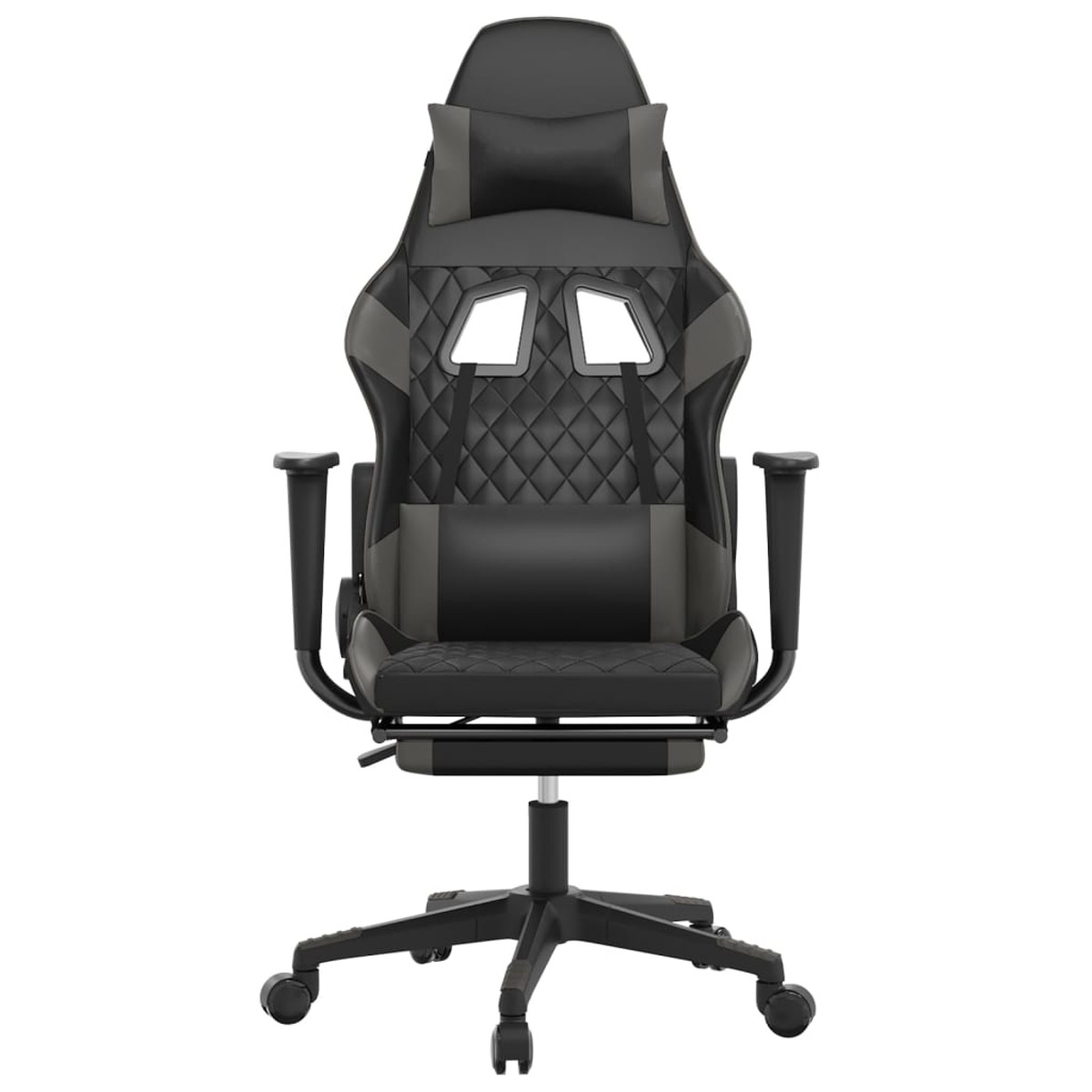 Ein schwarz-grauer Gaming-Stuhl mit Fußstütze, schwarzen Armlehnen und Rollen auf weißem Hintergrund.