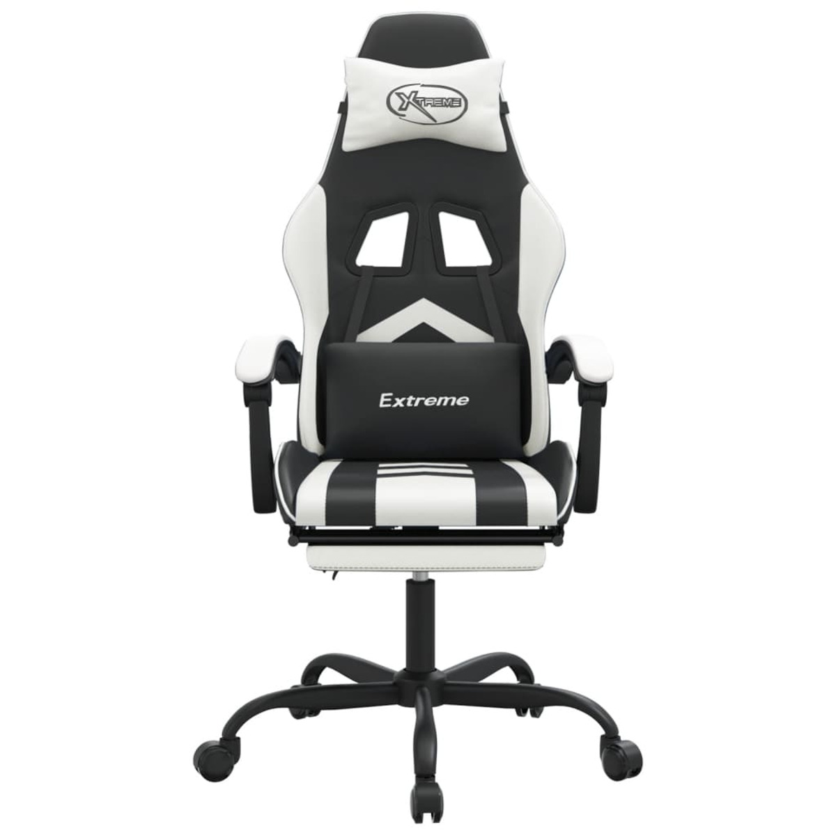 Schwarz-weißer Gaming-Stuhl mit Kopfstütze und Lendenwirbelstütze, weißer Hintergrund.