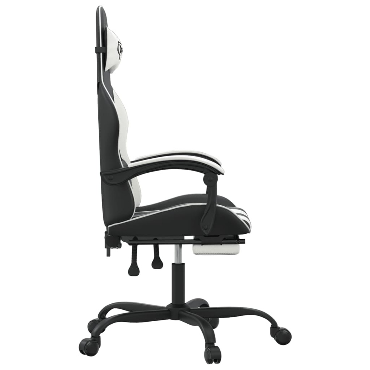 Gaming-Stuhl, Profilansicht. Schwarz-weißes Design. Hoher Rücken mit Logo, Armlehne, Fünf-Sterne-Basis und Rollen.