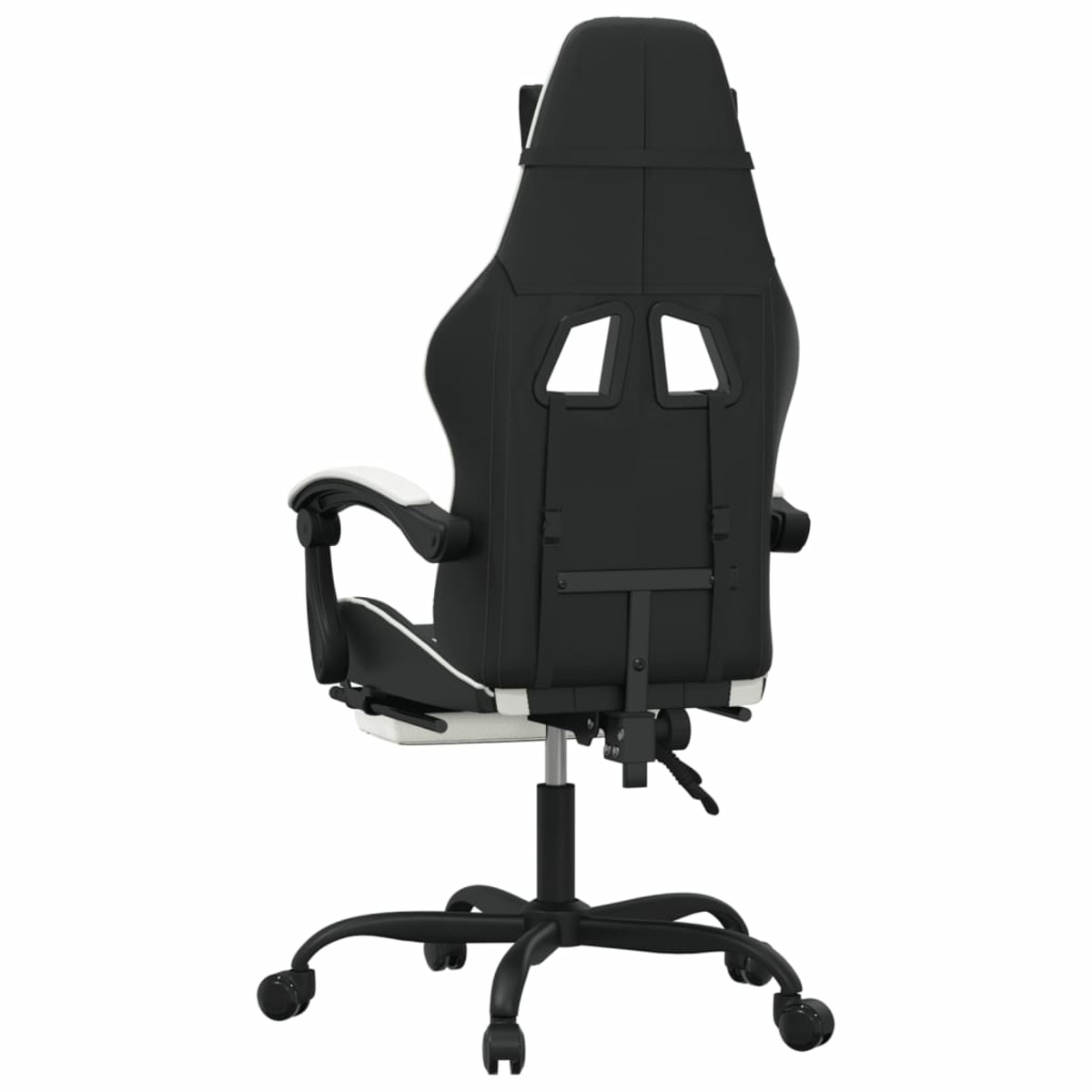 Gaming-Stuhl, Rückansicht, schwarz-weißes Farbschema, auf weißem Hintergrund.