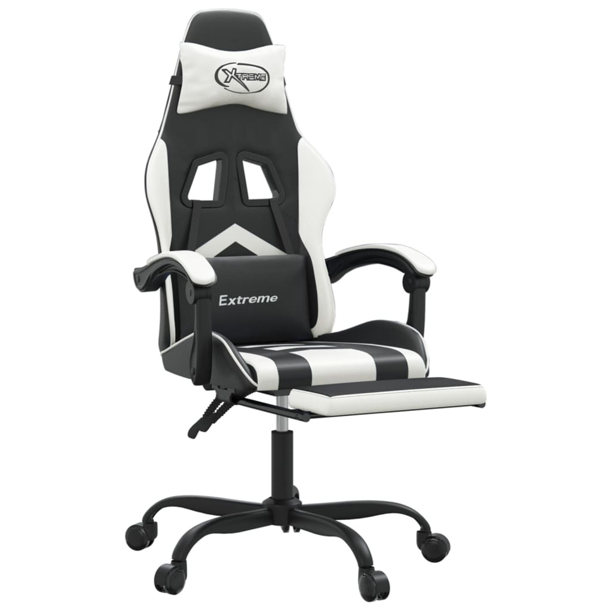 Schwarz-weißer Gaming-Stuhl mit Fußstütze. Das Wort 'Xtreme' steht auf der Kopfstütze und dem Rücken.