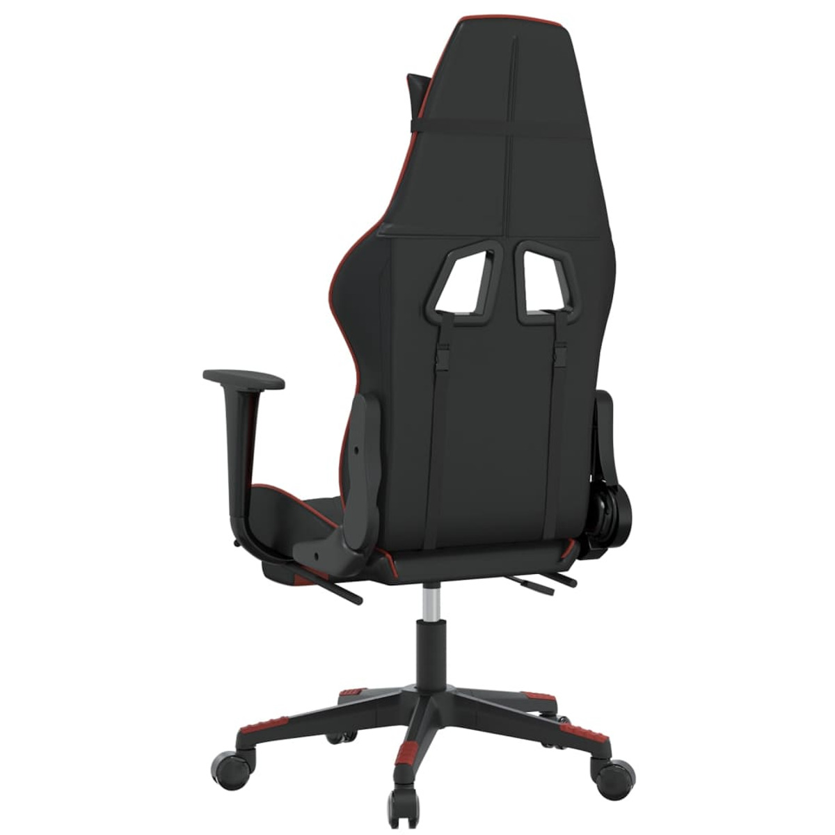 Schwarzer Gaming-Stuhl mit roten Details, Rückansicht. Rote Verkleidung und Details, mit Kopfstütze.