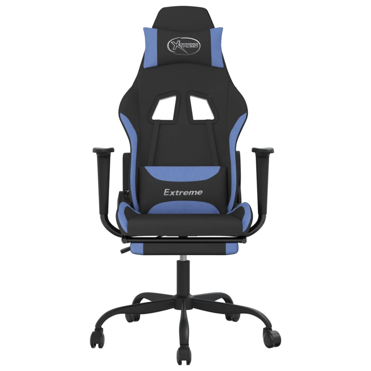 Schwarzer und blauer Gaming-Stuhl, Vorderansicht. Mit Kopfstütze, Rückenlehne und Armlehnen.