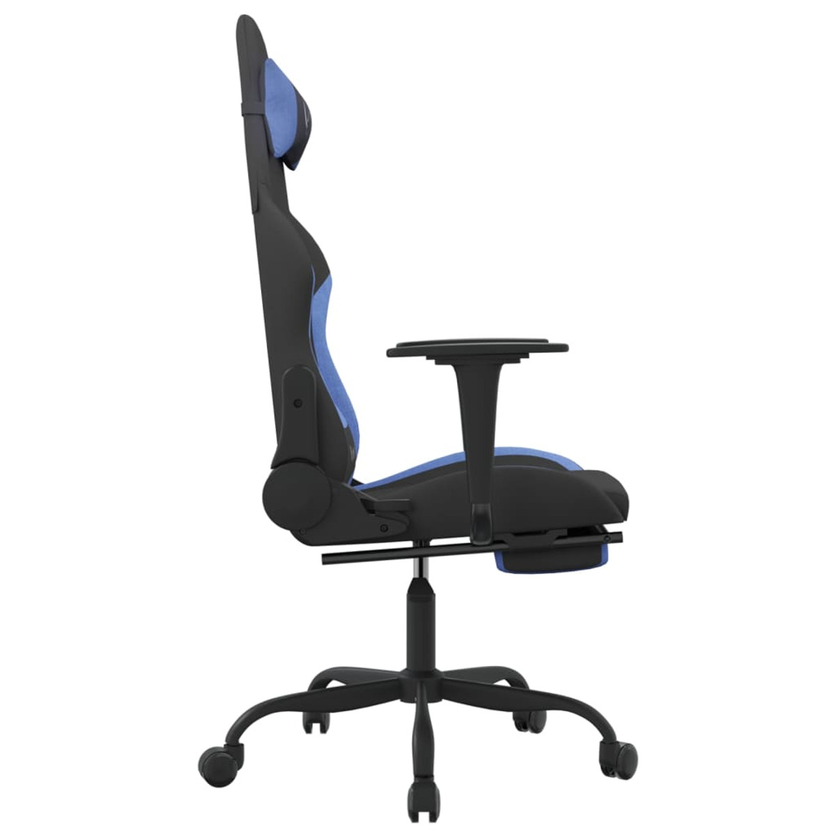 Seitenansicht eines schwarz-blauen Gaming-Stuhls mit Kopfstütze und Armlehnen auf weißem Hintergrund.