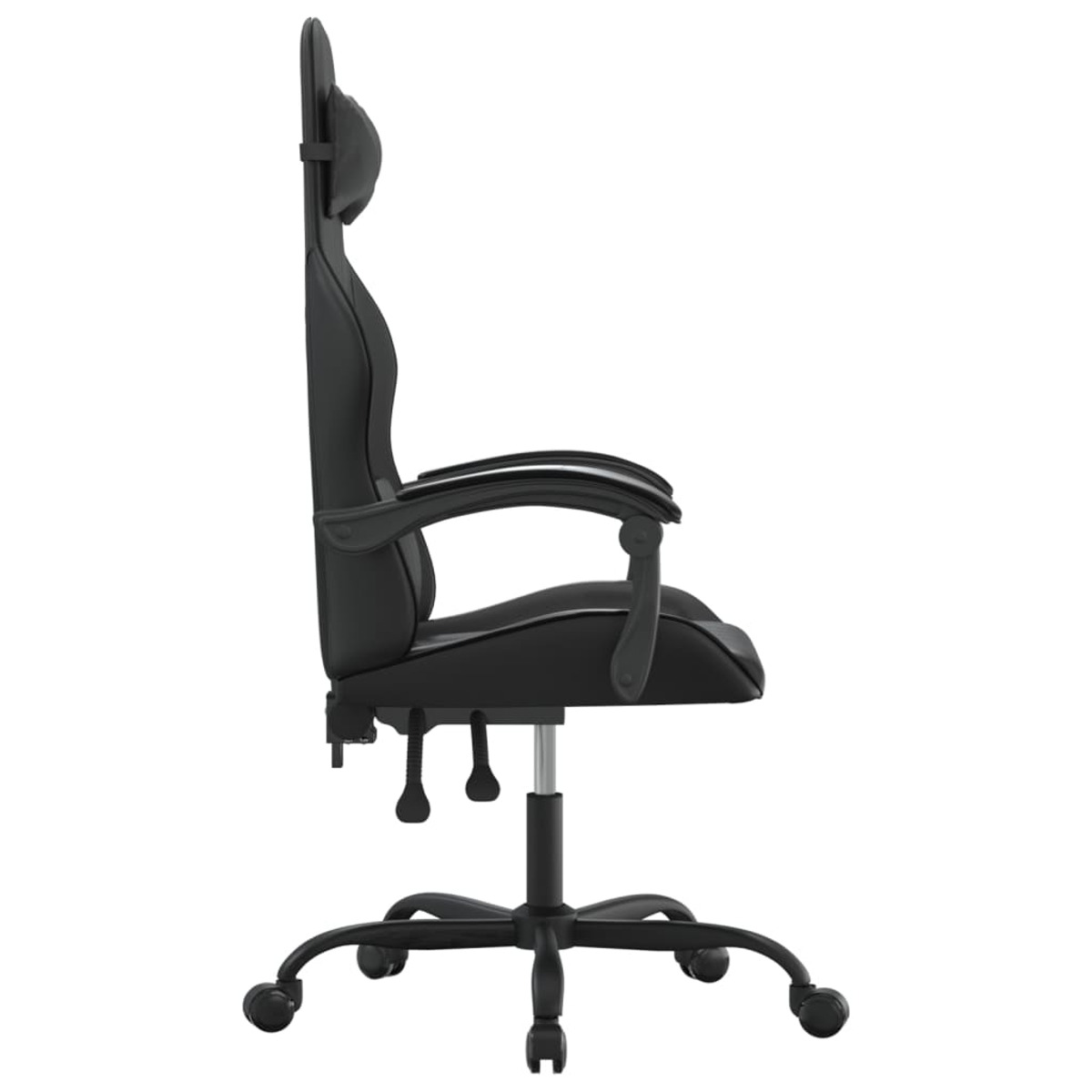 Schwarzer Gaming-Stuhl, Seitenansicht. Hoher Rücken mit Kopfstütze, Armlehnen und Rädern.