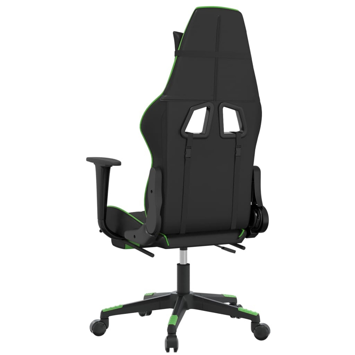 Ein Gaming-Stuhl, schwarz mit grünen Akzenten, von hinten auf weißem Hintergrund betrachtet.