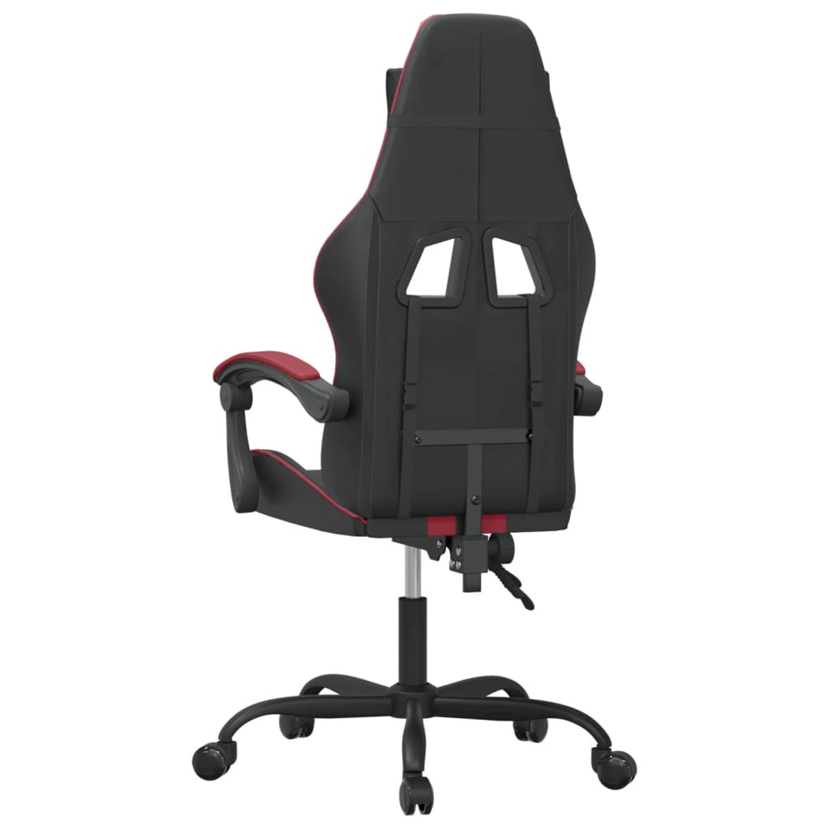 Rückansicht eines Gaming-Stuhls. Schwarzer Stuhl mit roten Akzenten.
