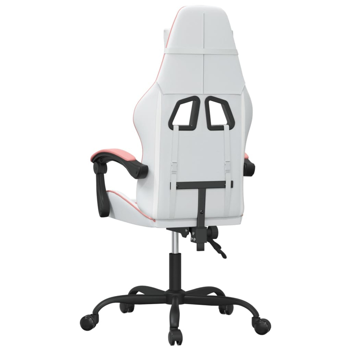 Weiß-rosa Gaming-Stuhl, Rückansicht, mit Rollen und Armlehnen. Weißer Hintergrund.
