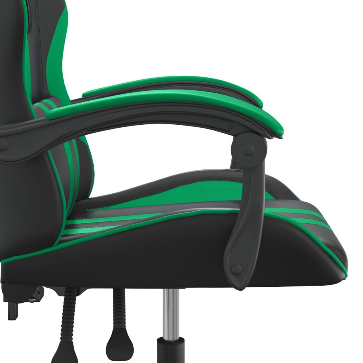 Nahaufnahme der Armlehne eines Gaming-Stuhls in Schwarz und Grün. Weißer Hintergrund.
