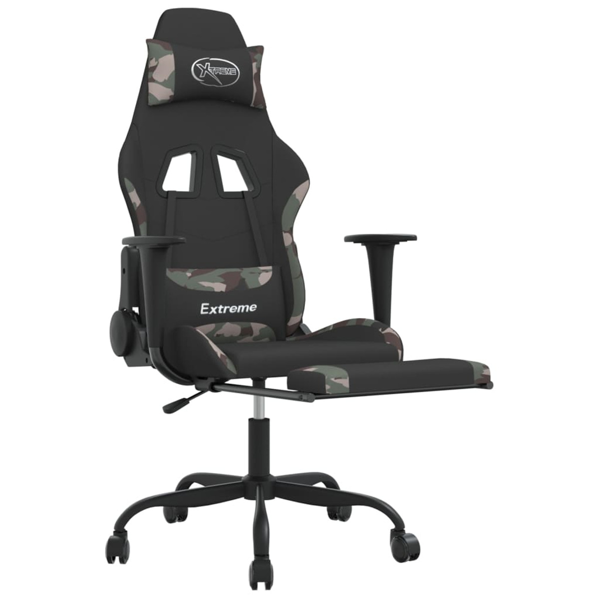 Ein Gaming-Stuhl mit Tarnmuster, Armlehnen und Fußstütze auf weißem Hintergrund.