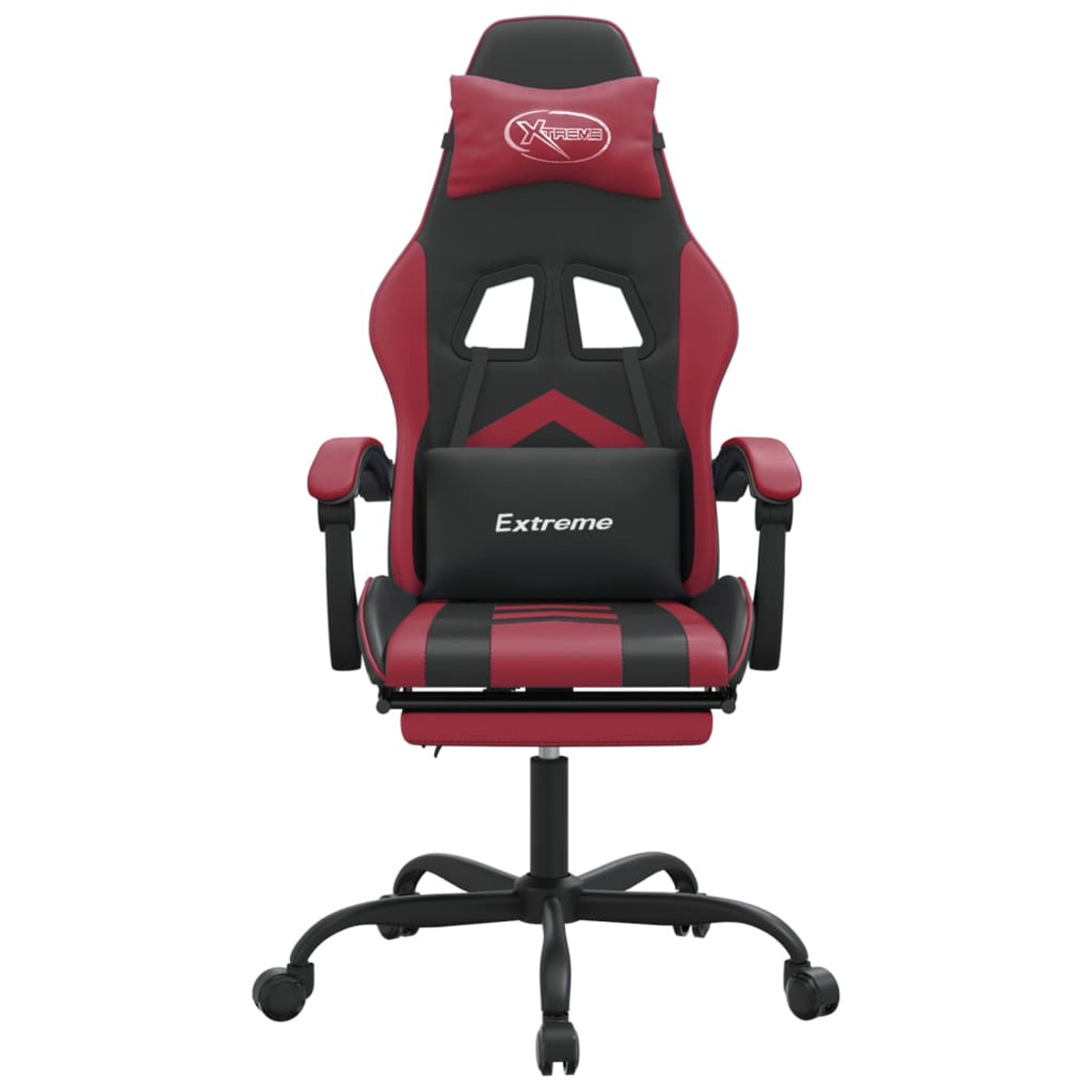 Roter und schwarzer Gaming-Stuhl. Der Stuhl hat Kopfstütze, Armlehnen und Fußstütze. Weißer Hintergrund.