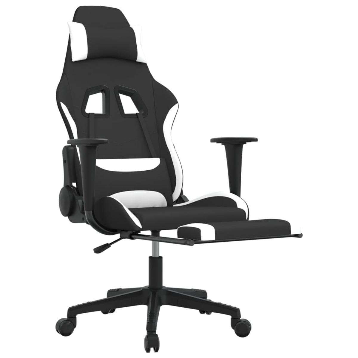 Gaming-Stuhl, schwarz und weiß, Seitenansicht, mit Kopfstütze, Armlehnen und Fußstütze.