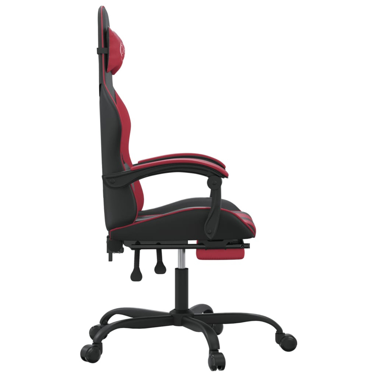 Gaming-Stuhl mit rot-schwarzem Design. Der Stuhl wird von der Seite gezeigt. Er hat Armlehnen und Räder.
