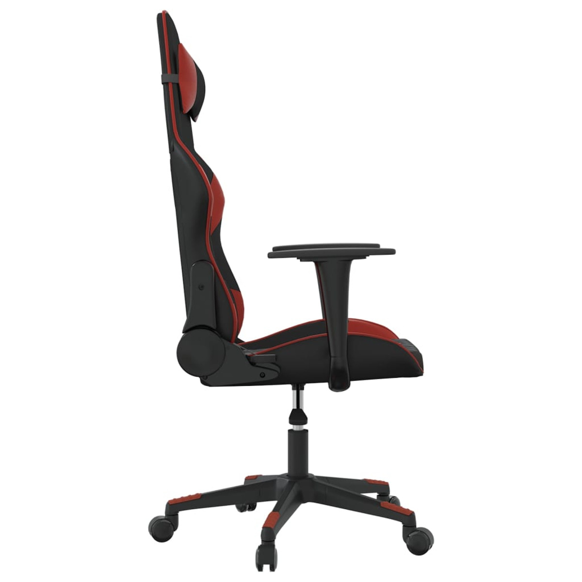 Seitenansicht eines Gaming-Stuhls. Der Stuhl ist schwarz und rot, mit ergonomischem Design und Kopfstütze.