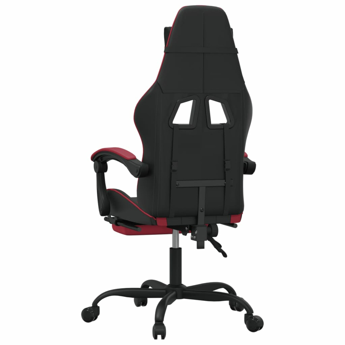 Gaming-Stuhl Rückansicht, schwarz, rote Akzente, weißer Hintergrund.