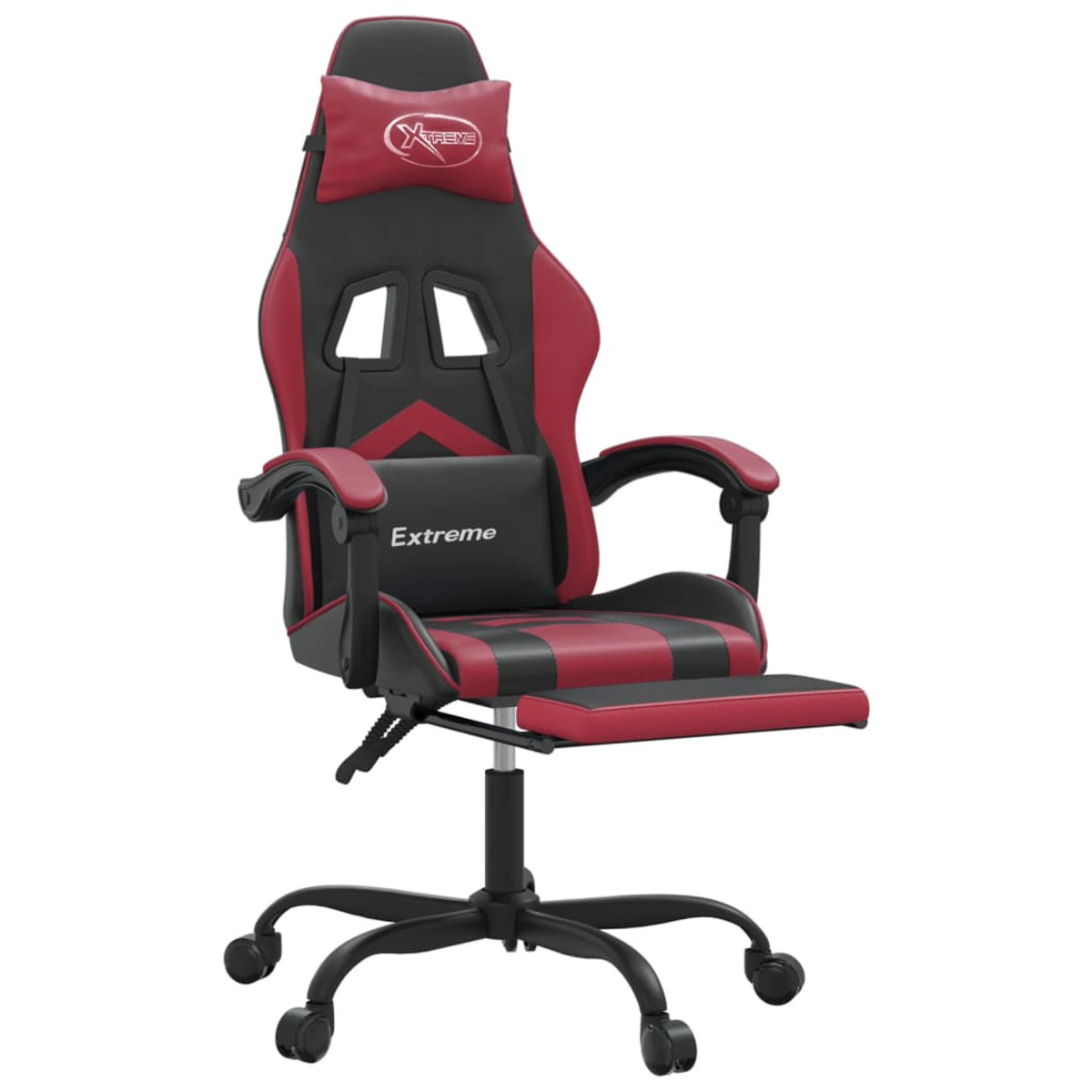 Gaming-Stuhl mit rotem und schwarzem Farbschema, Fußstütze und Extreme-Logo auf der Kopfstütze.