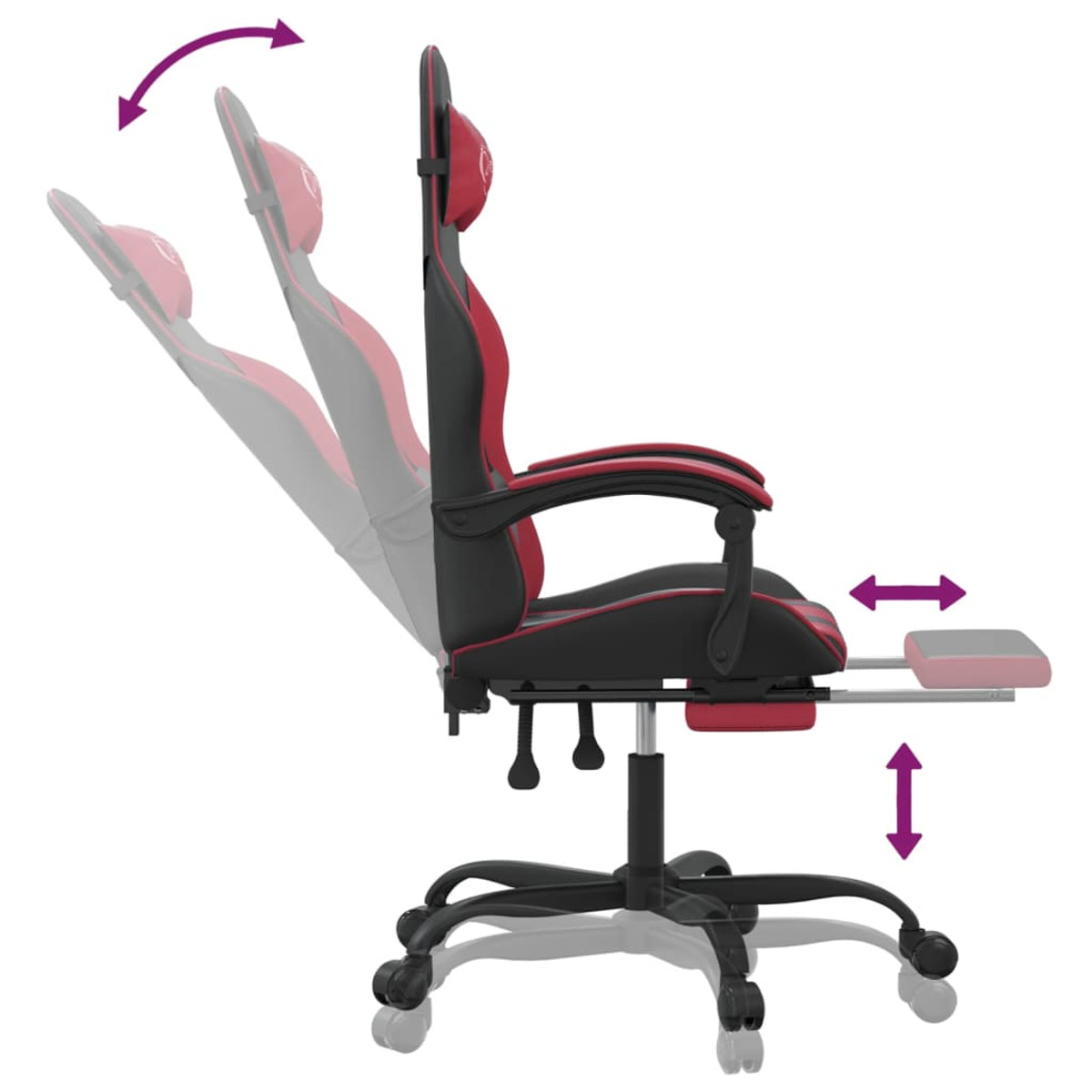 Roter und schwarzer Gaming-Stuhl, Seitenansicht, mit verstellbarem Rücken und Fußstütze.