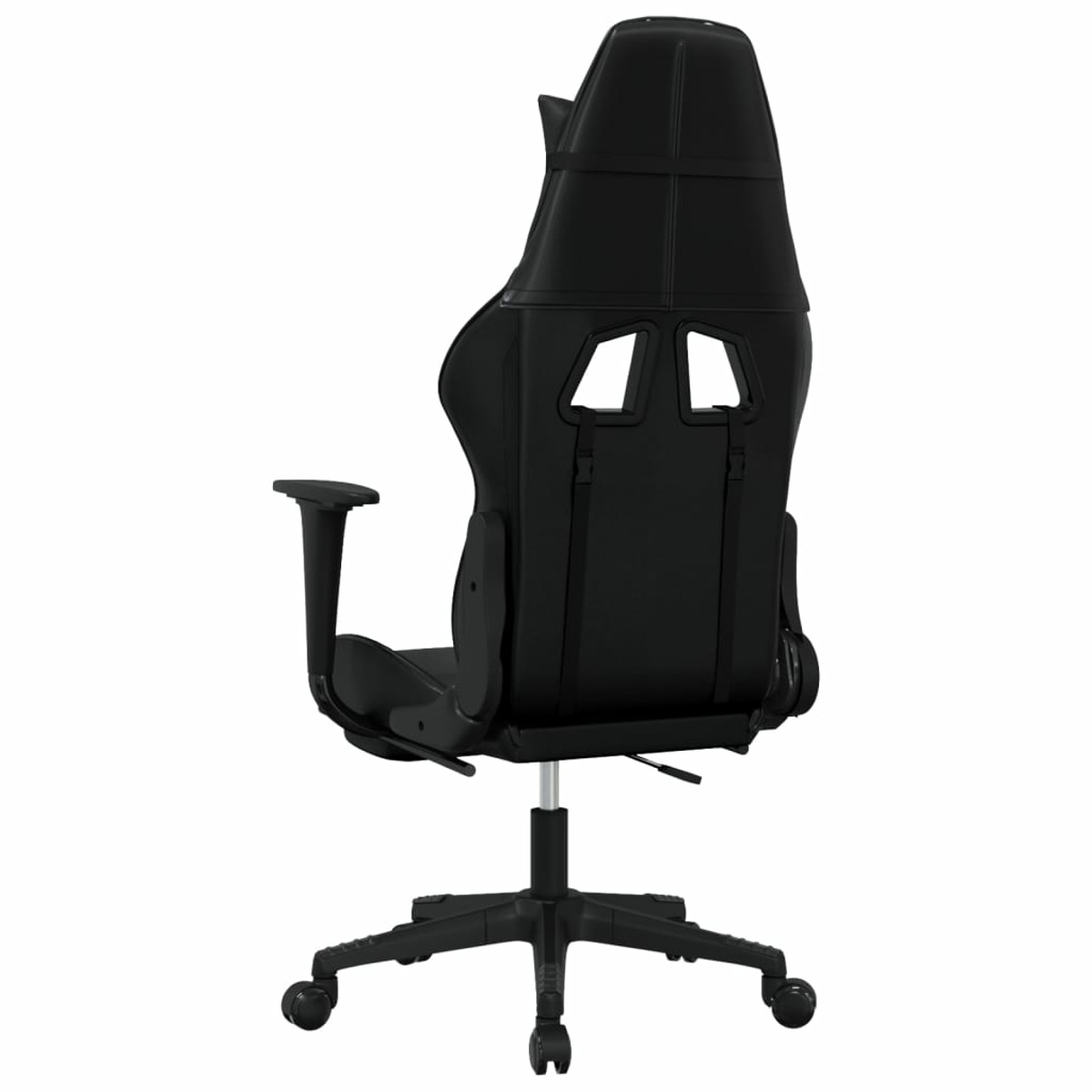 Schwarzer Gaming-Stuhl, Rückansicht. Er hat einen hohen Rücken, Armlehnen und eine schwarze Basis mit Rädern.