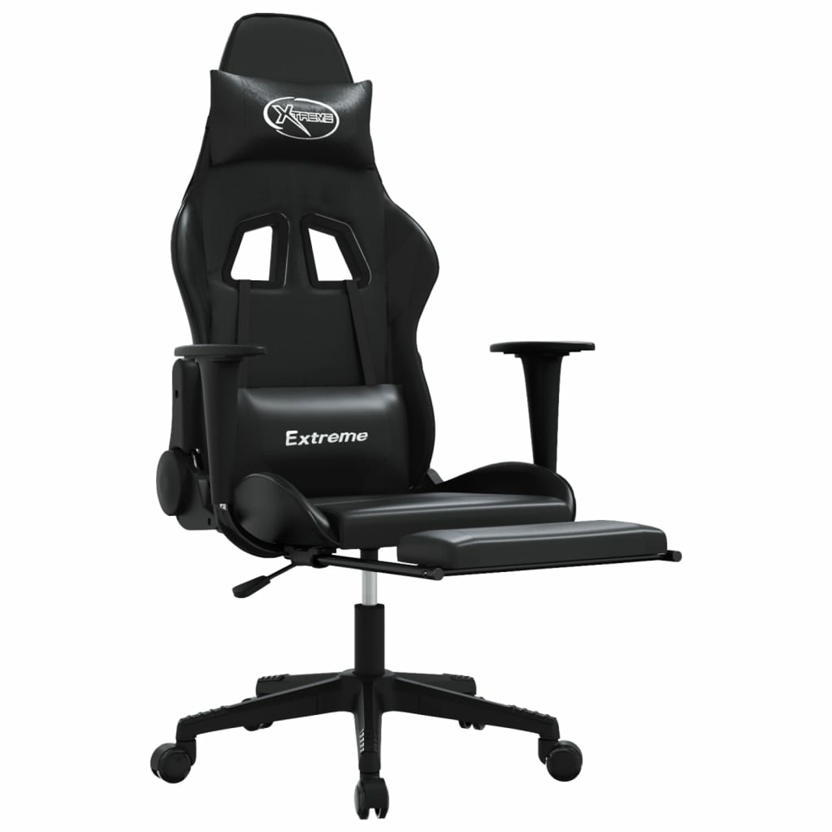 Schwarzer Gaming-Stuhl mit Extreme-Logo, Fußstütze ausgezogen.