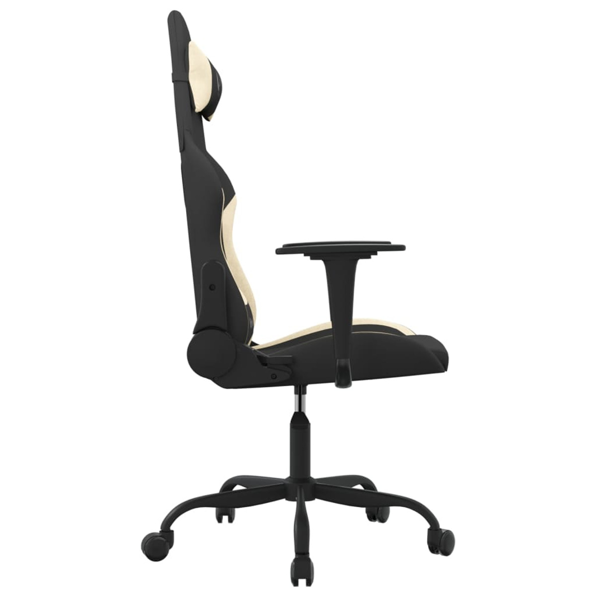 Seitenansicht eines schwarz-cremefarbenen Gaming-Stuhls auf weißem Grund.