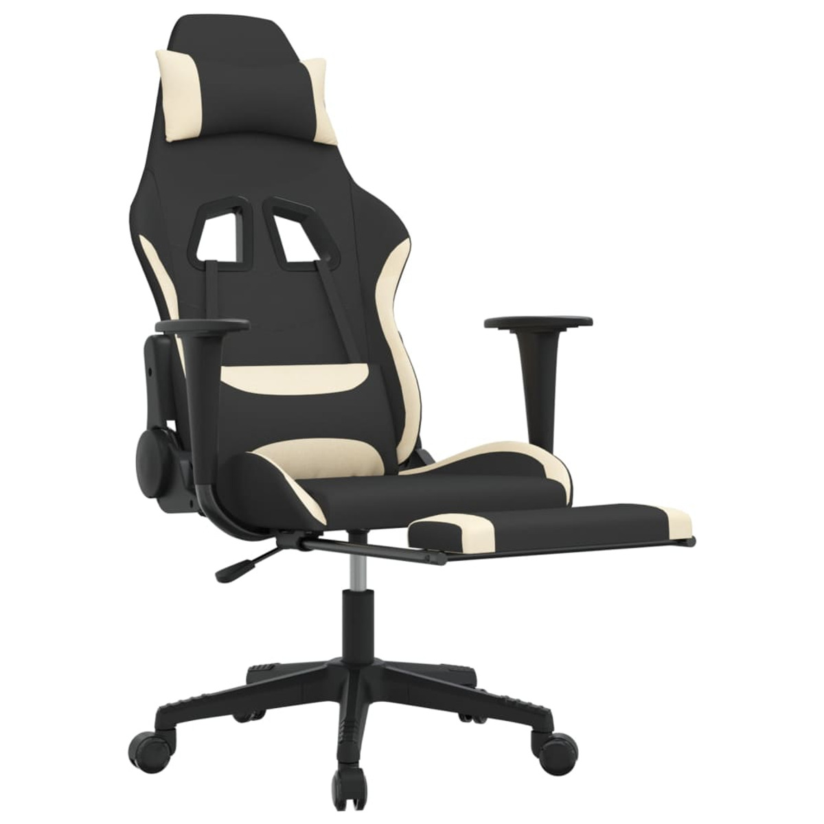 Schwarz-beiger Gaming-Stuhl mit Fußstütze, Armlehnen und Kopfstütze.